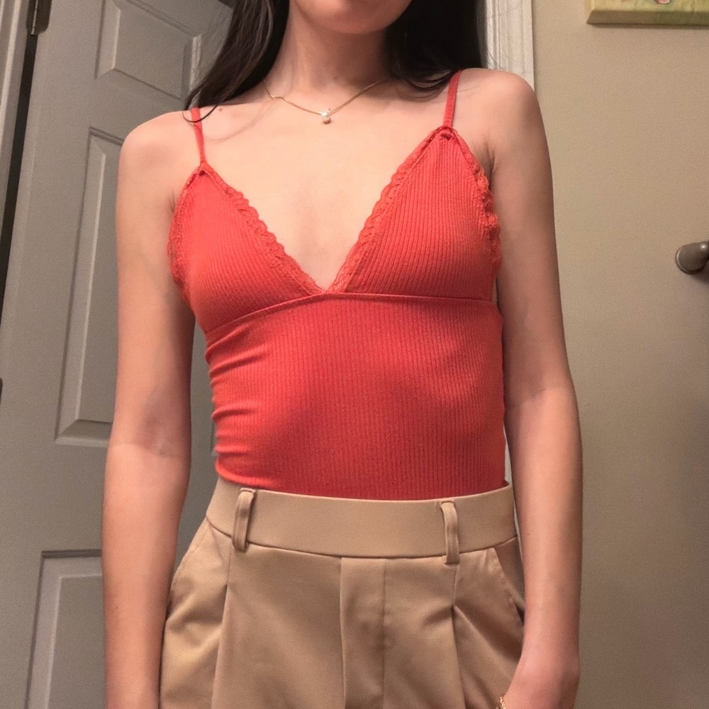 Forever 21 Orange V Neck Lace Trim Cami Top